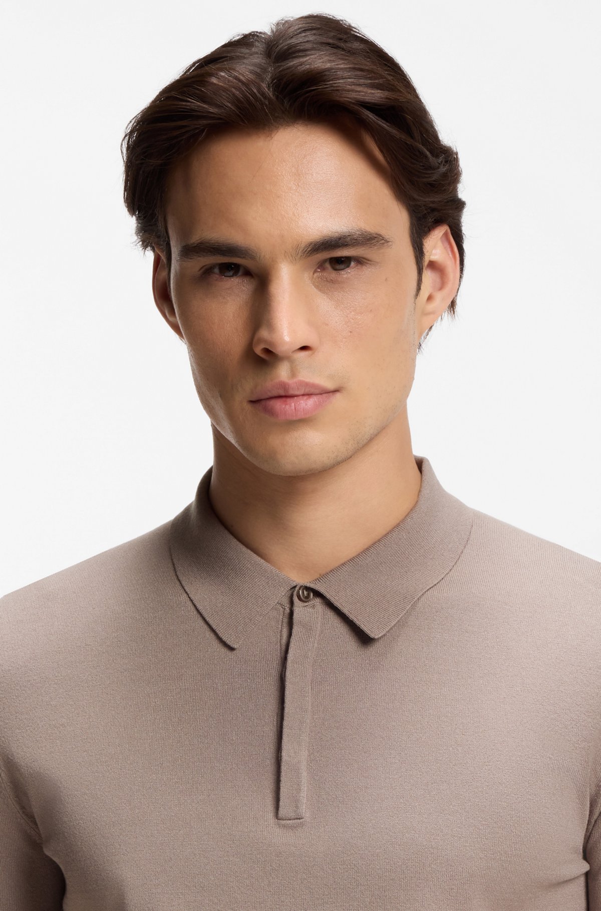 Knit polo with covered placket, Light Brown