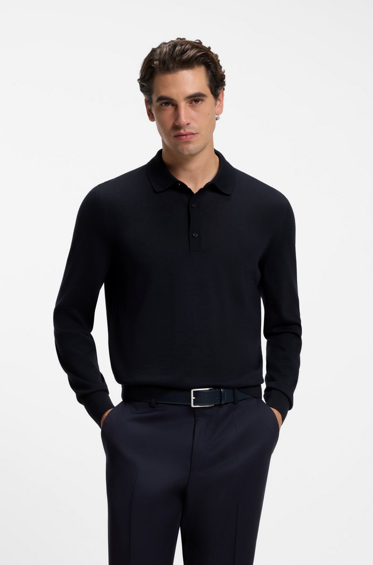 Merino-wool polo sweater, Dark Blue