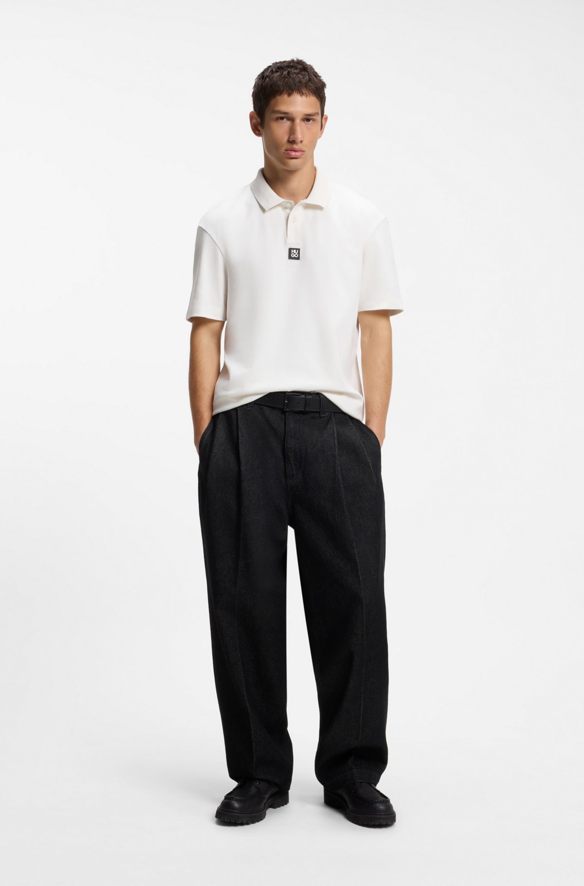 Interlock-cotton polo shirt with stacked logo, Natural