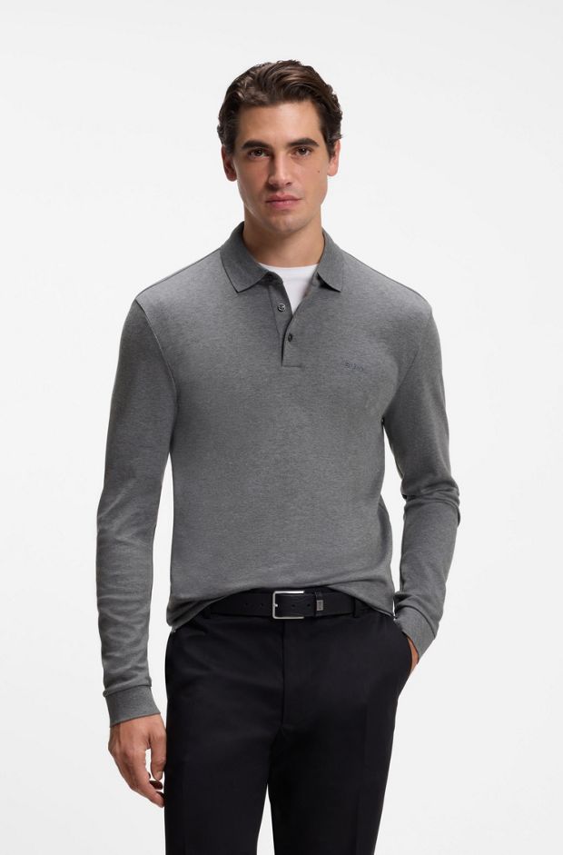 Long-sleeved polo shirt in interlock cotton with logo, Grey