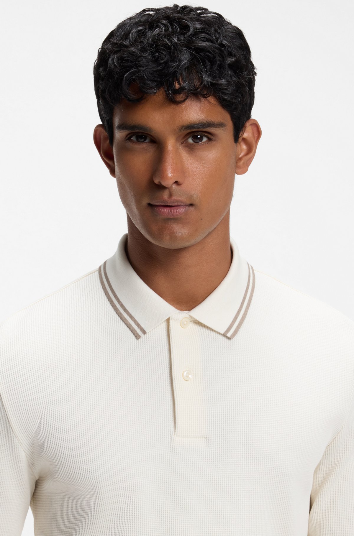 Waffle-structure polo shirt in stretch cotton, Natural