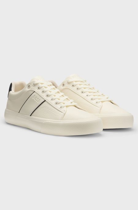 Faux-leather trainers with plain and grained textures, White