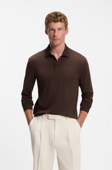 Long-sleeved polo shirt in interlock cotton with logo, Dark Brown