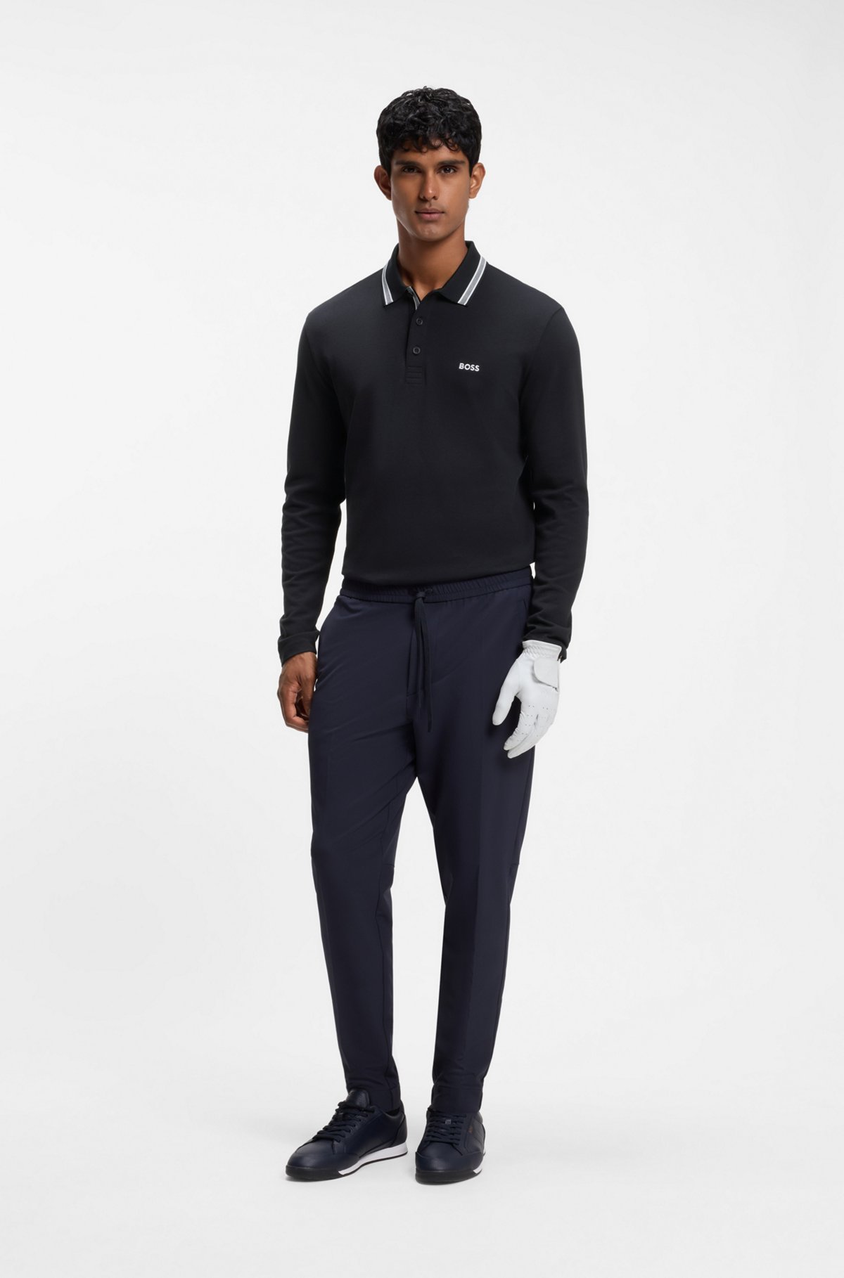 Long-sleeved cotton piqué polo shirt, Dark Blue