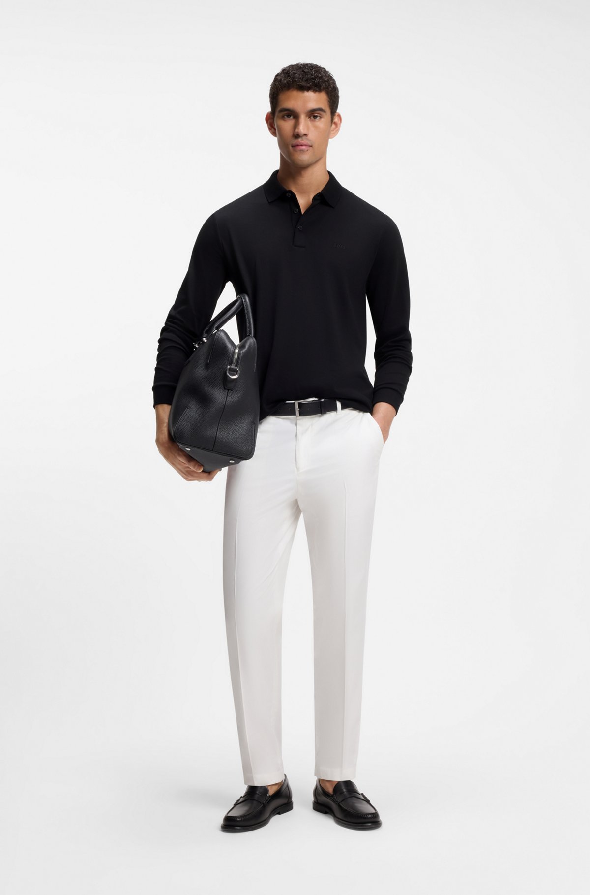 Long-sleeved polo shirt in interlock cotton with logo, Black
