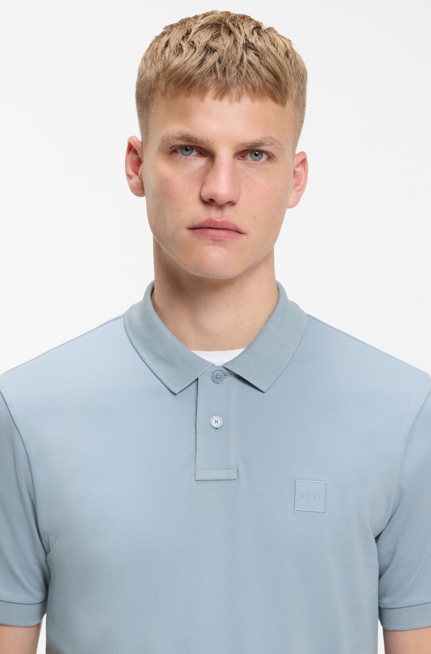 Stretch-cotton slim-fit polo shirt with logo patch, Light Blue