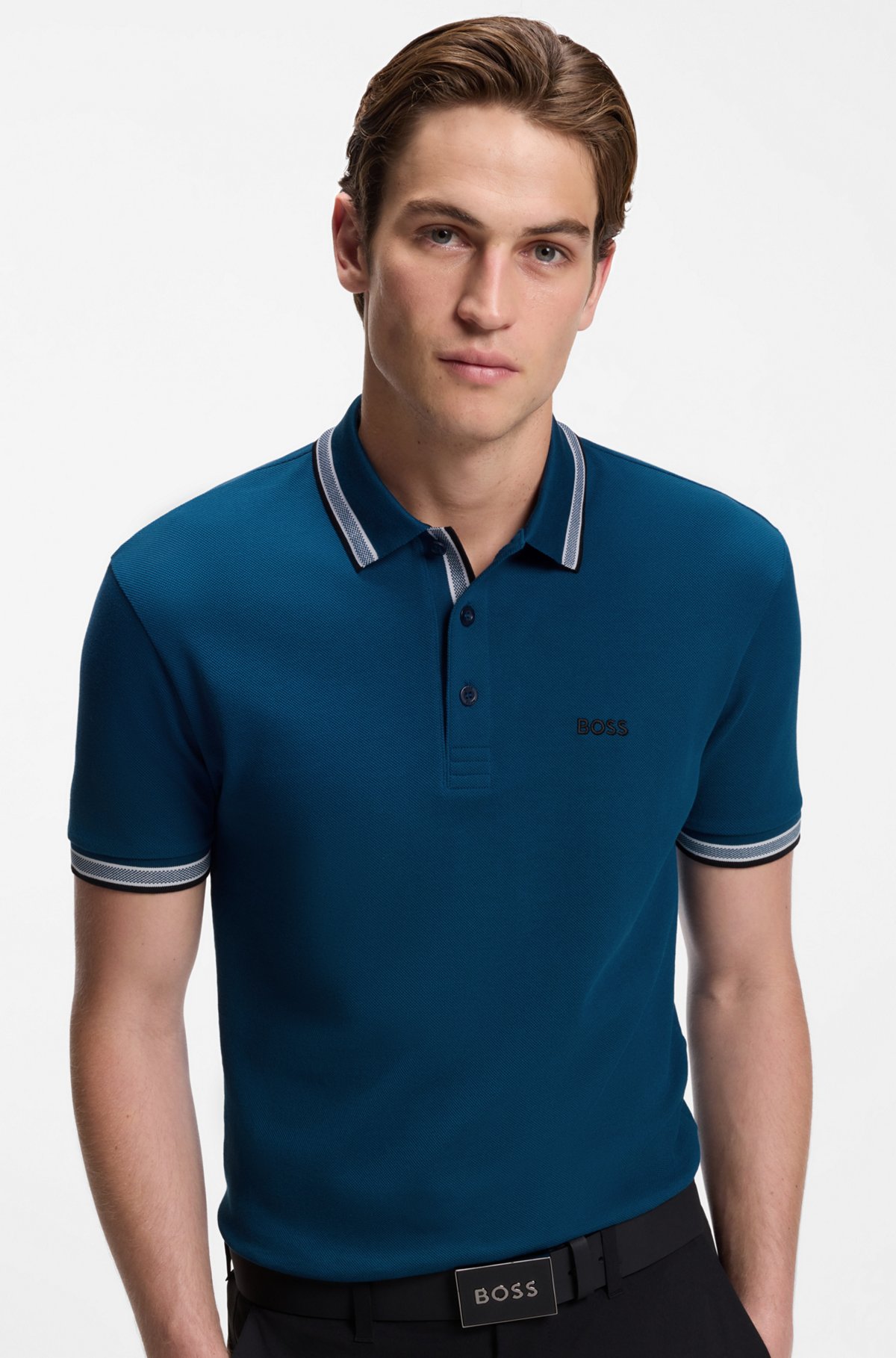 Cotton piqué polo shirt with logo details, Dark Blue
