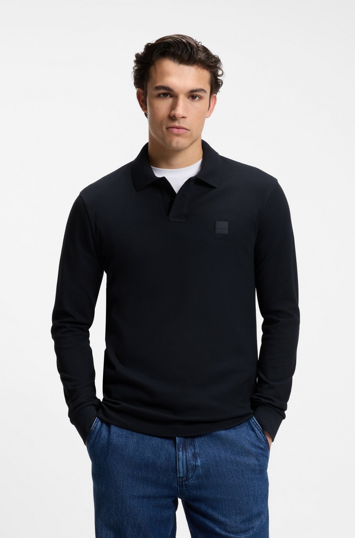 Slim-fit polo shirt in stretch-cotton piqué, Dark Blue