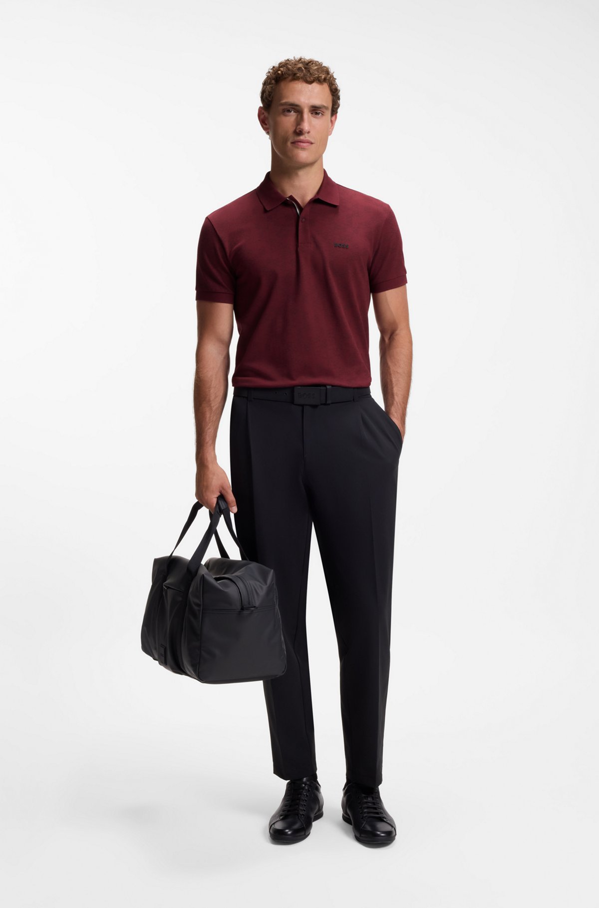 Cotton-piqué polo shirt with all-over print, Dark Red