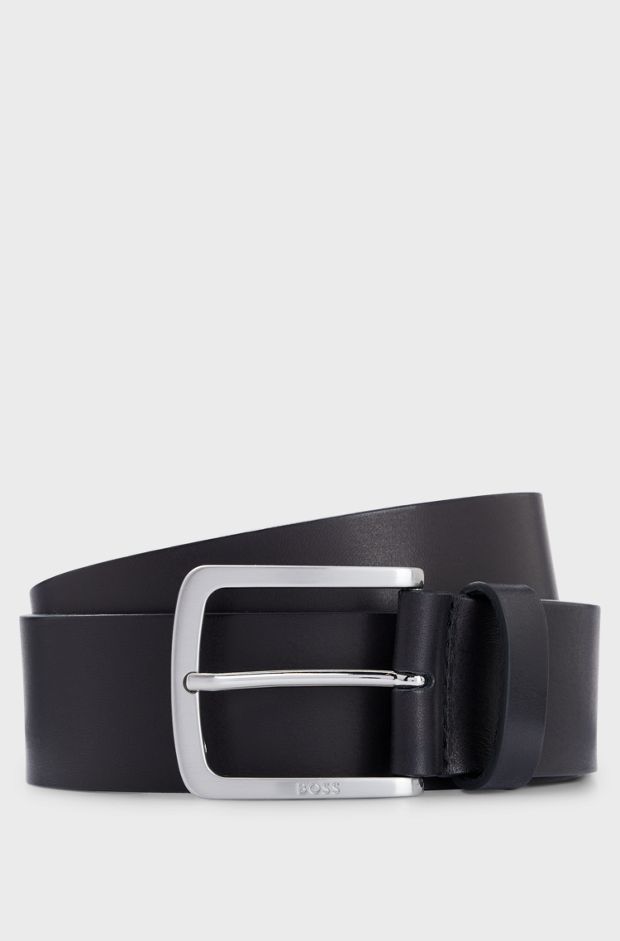 Italian-leather belt with logo-engraved buckle, Black