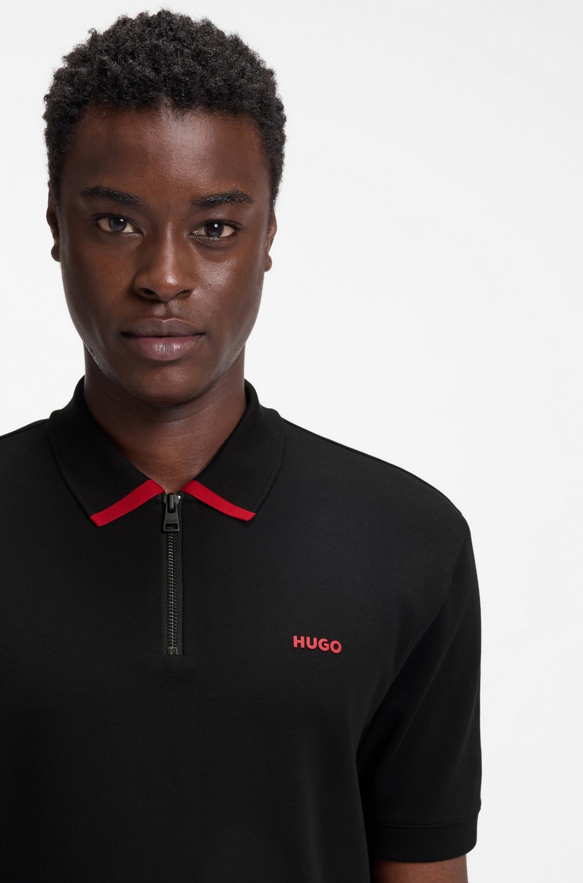 Cotton piqué polo shirt with zip neckline, Black