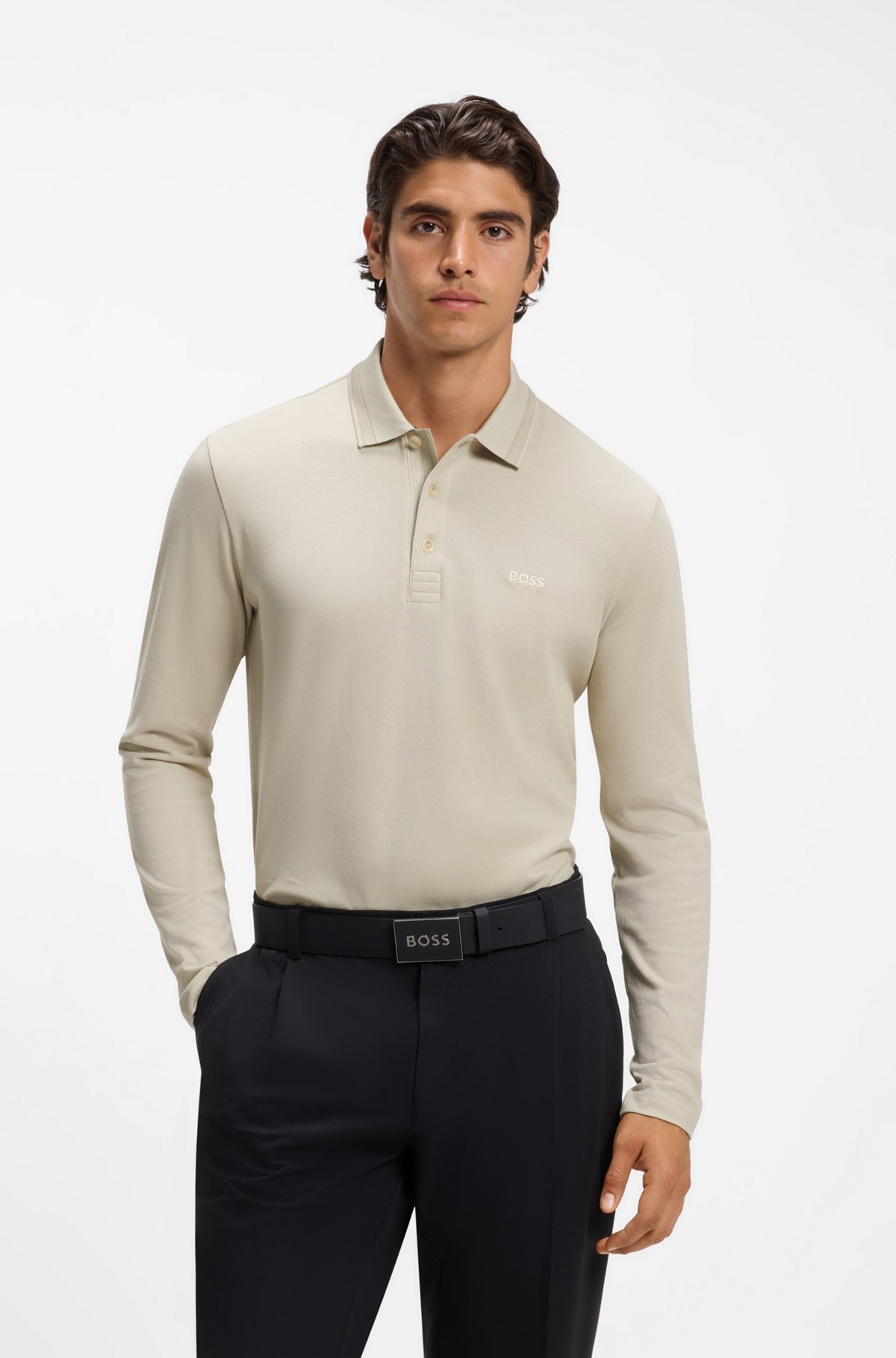 Long-sleeved cotton piqué polo shirt, Light Beige
