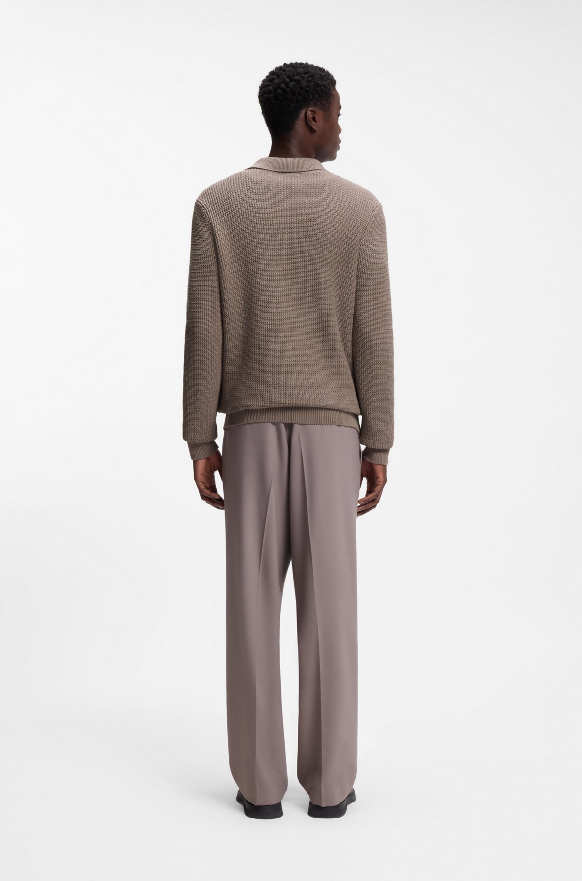 Relaxed-fit sweater in structured cotton with polo collar, Brown