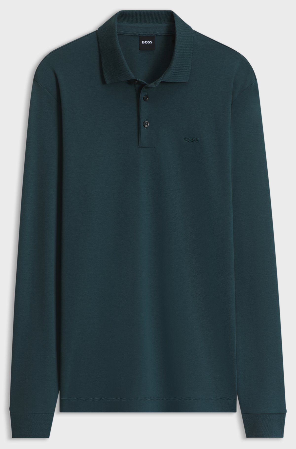 Long-sleeved polo shirt in interlock cotton with logo, Dark Green