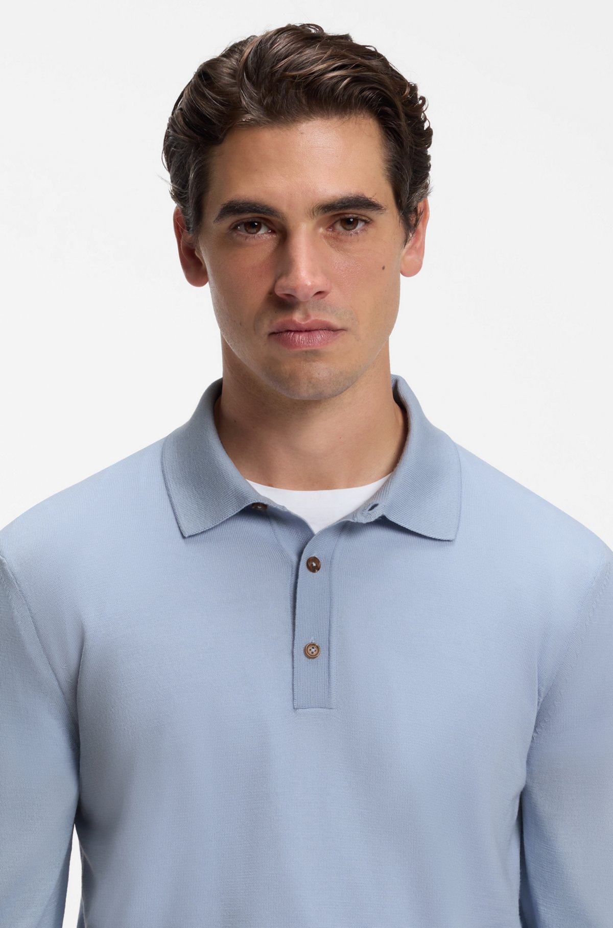 Merino-wool polo sweater, Light Blue