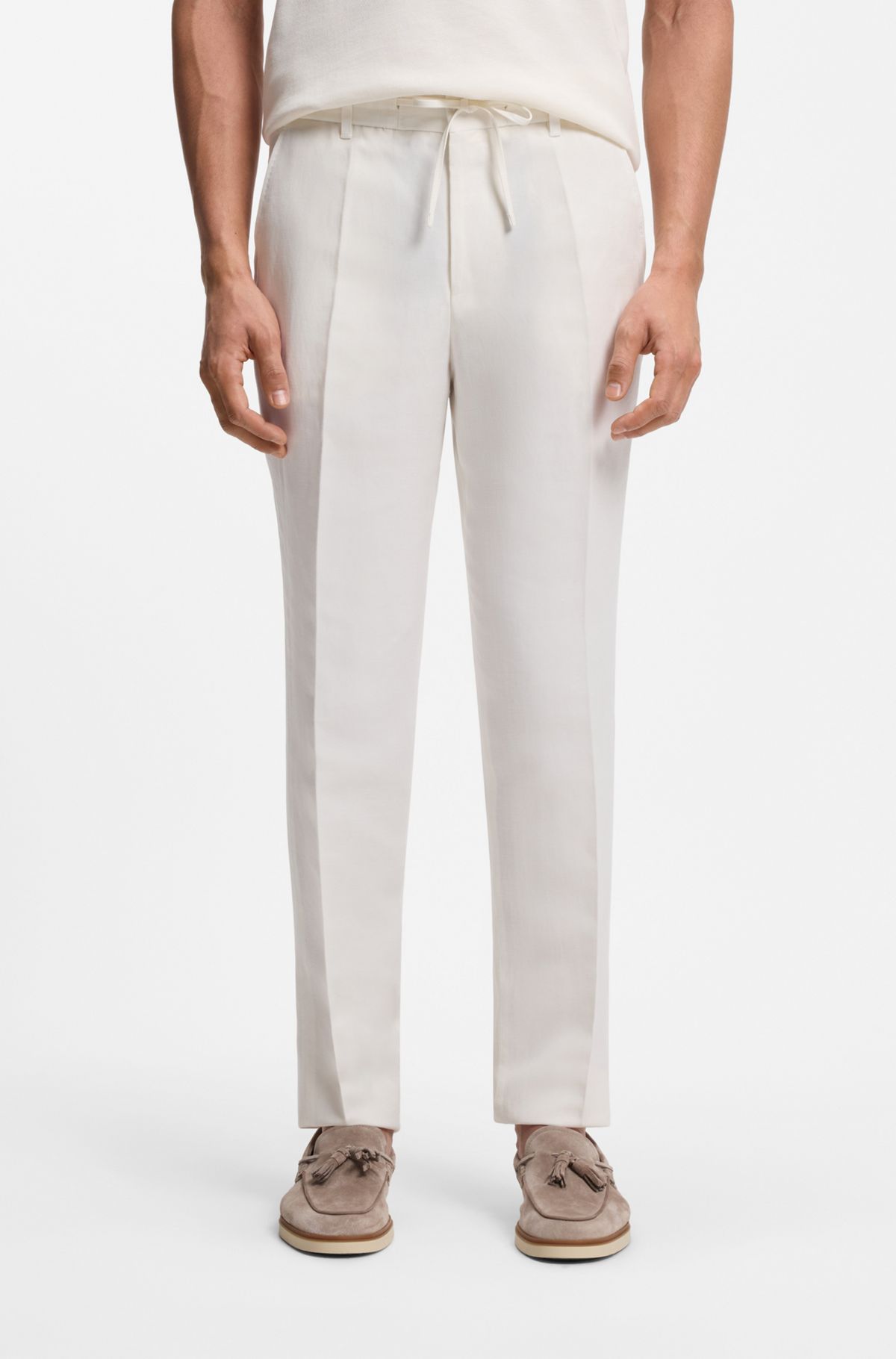 Tapered-fit trousers with drawcord waist, White