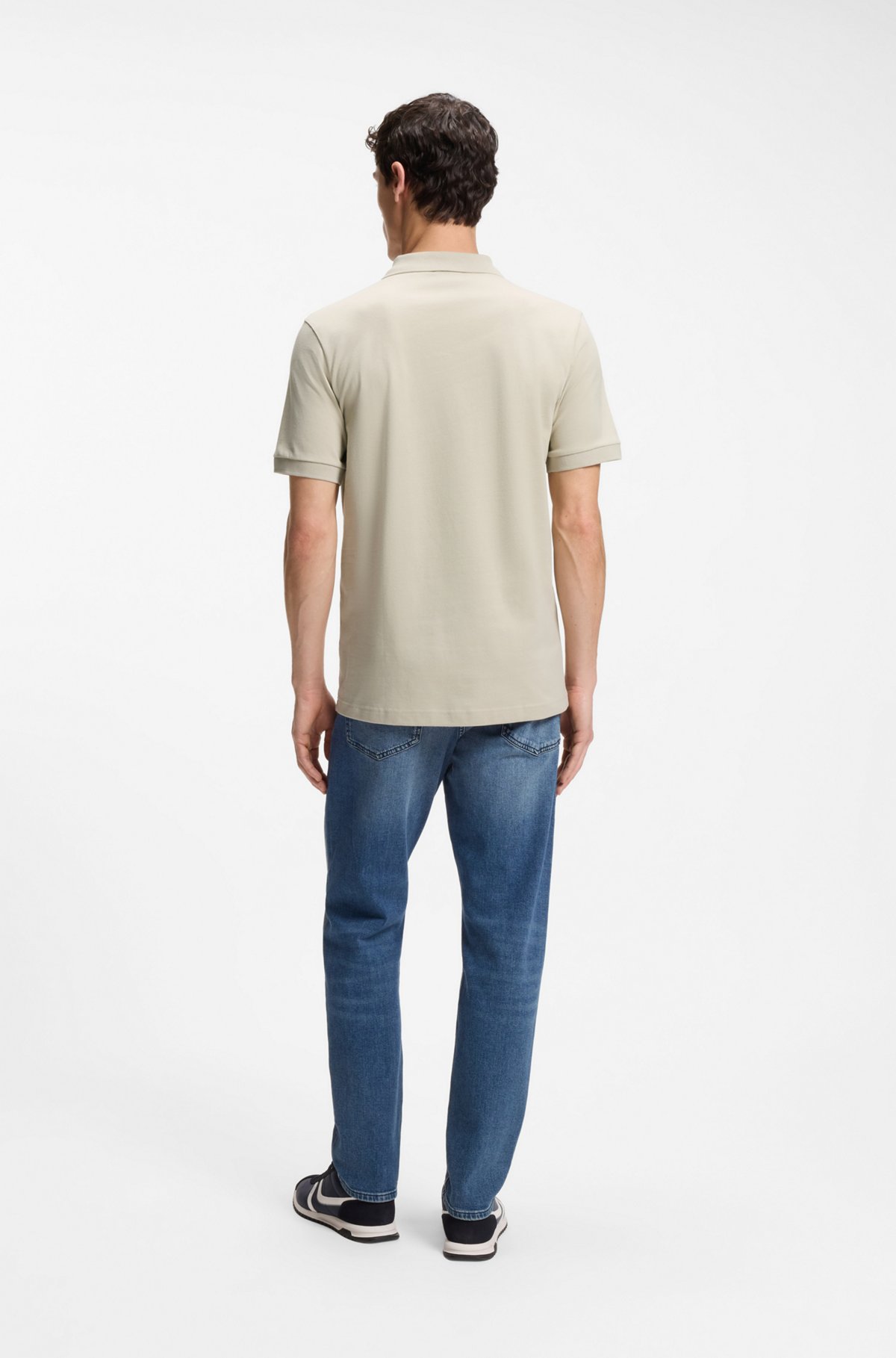 Stretch-cotton slim-fit polo shirt with logo patch, Light Beige