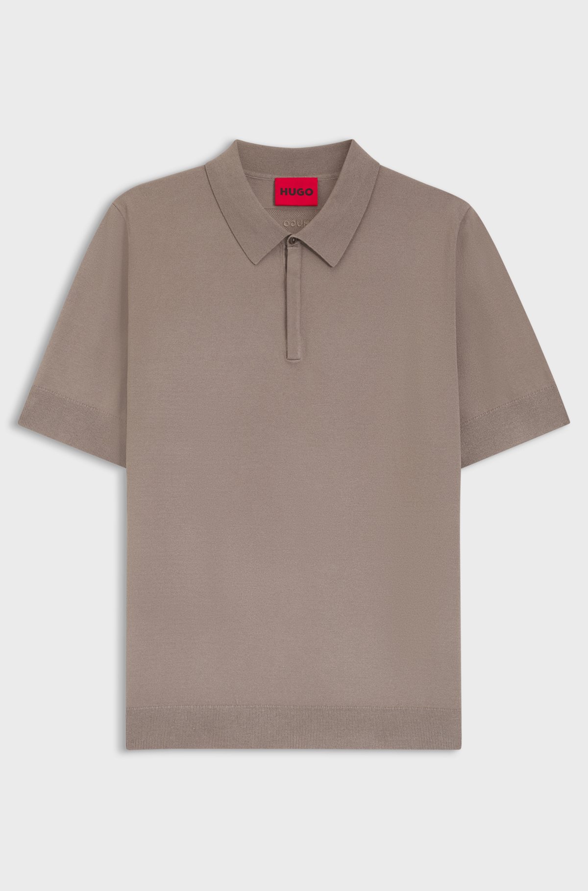 Knit polo with covered placket, Light Brown