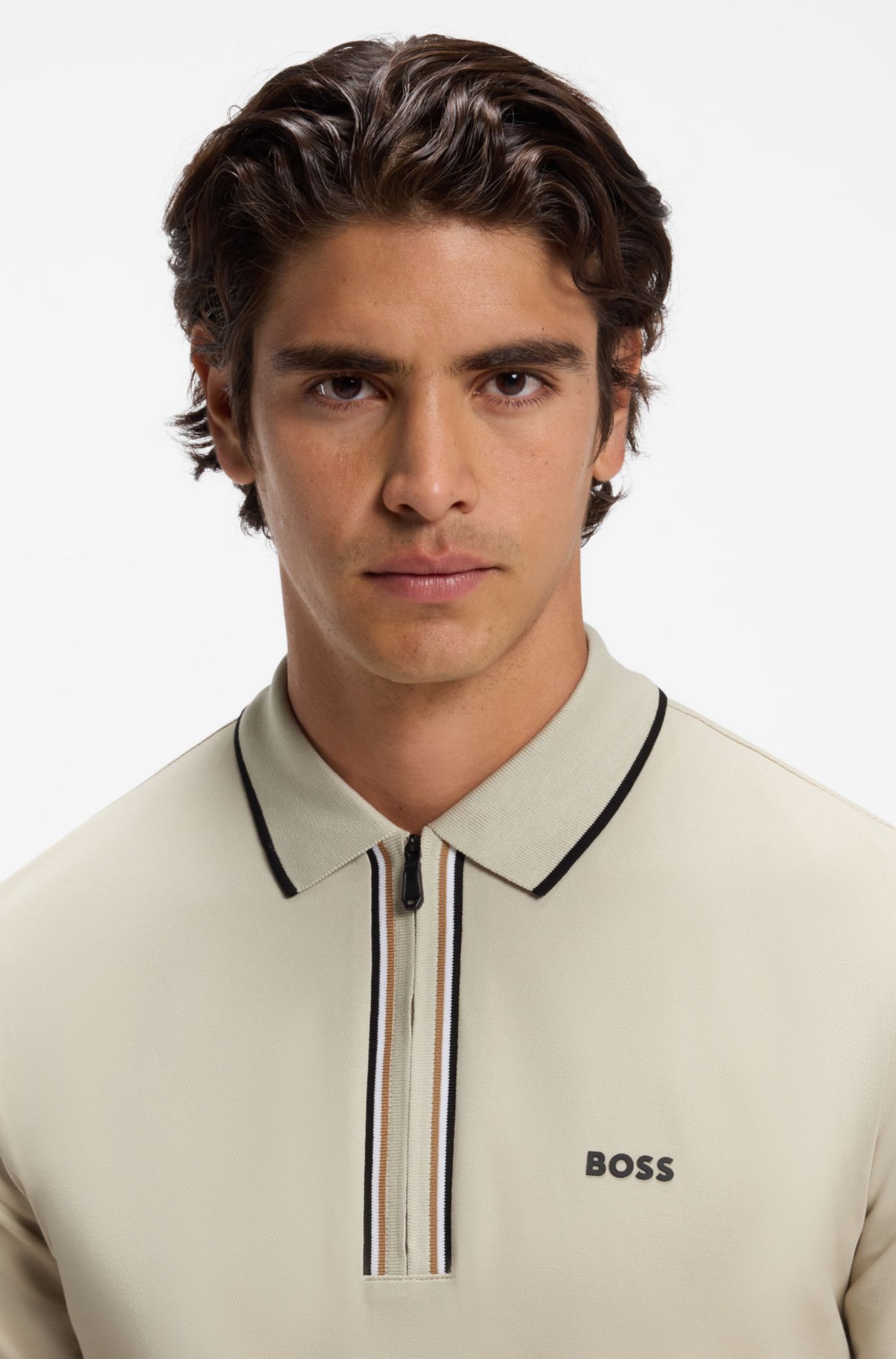 Active Slim-fit polo shirt in moisture-wicking stretch cotton, Light Beige
