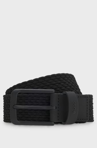 Leather-trimmed woven belt, Black