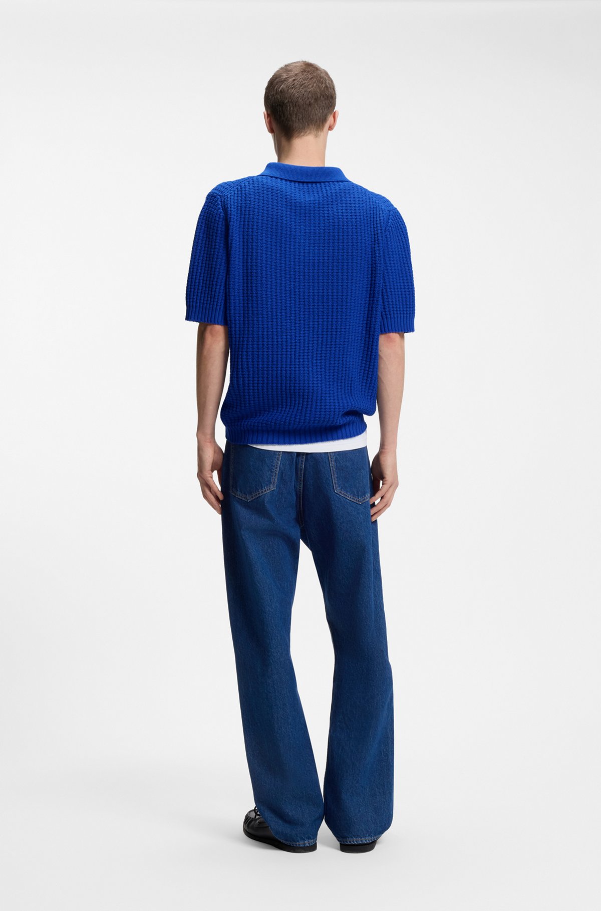 Waffle-structure knit polo with Johnny collar, Blue