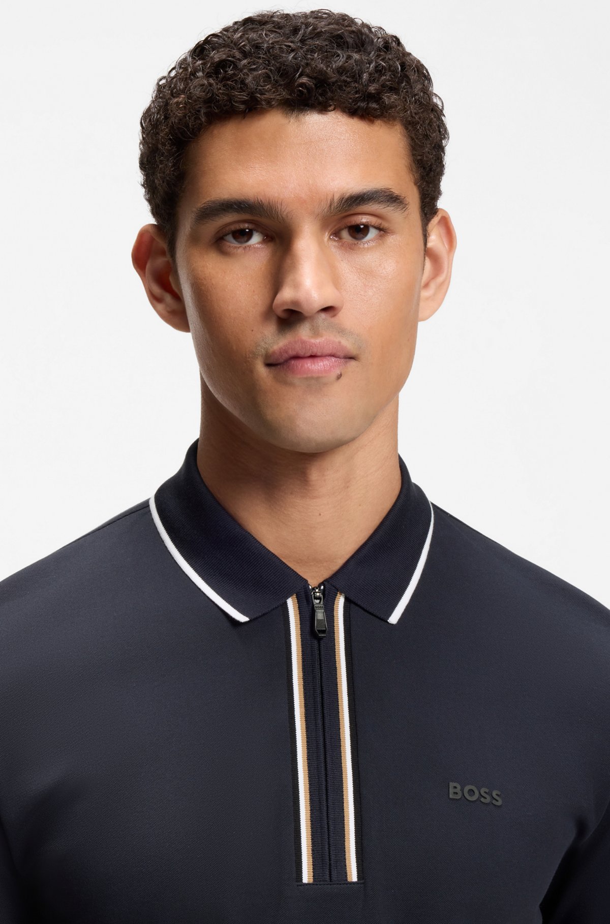 Active Slim-fit polo shirt in moisture-wicking stretch cotton, Dark Blue