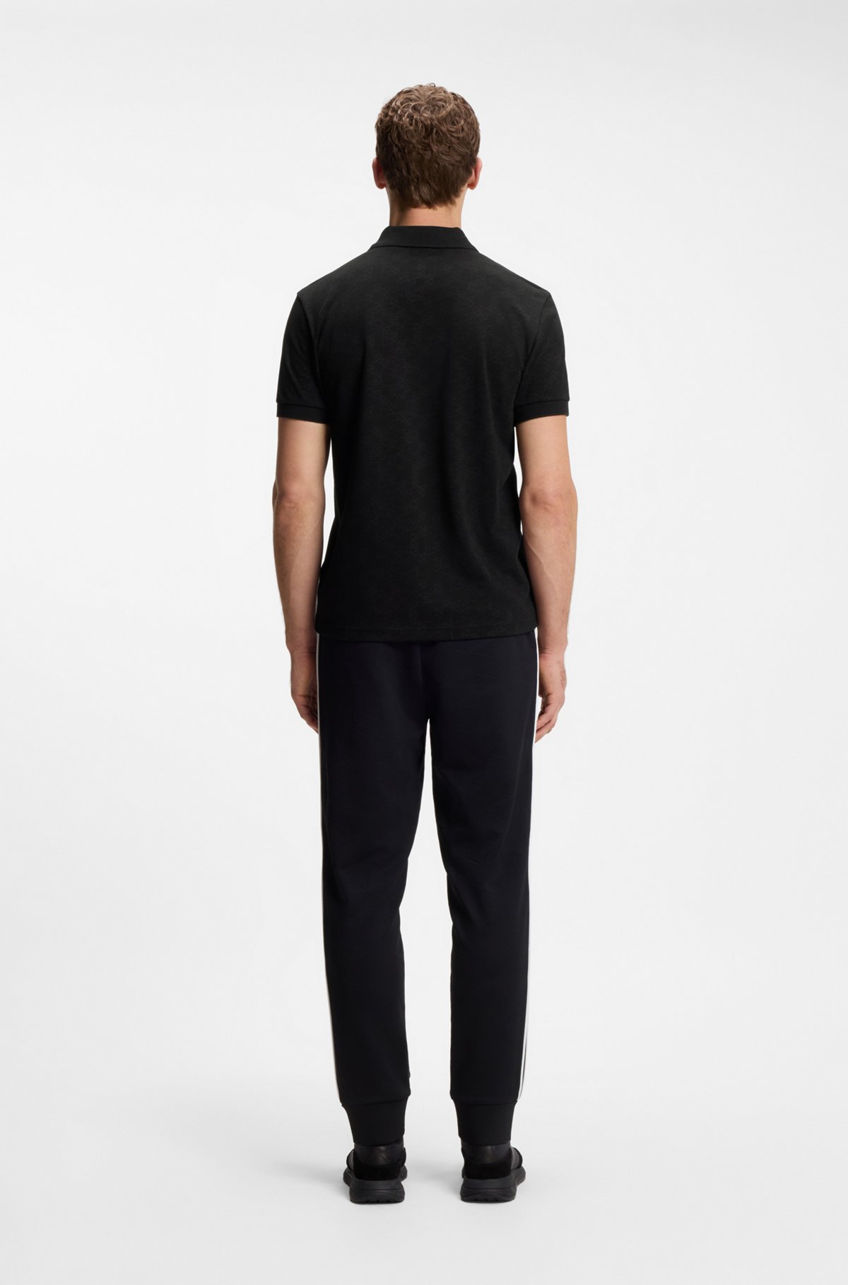 Cotton-piqué polo shirt with all-over print, Black