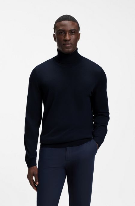 Slim-fit rollneck sweater in extra-fine merino wool, Dark Blue