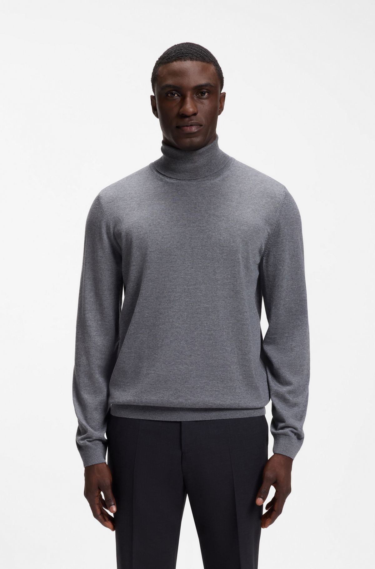 Slim-fit rollneck sweater in extra-fine merino wool, Grey