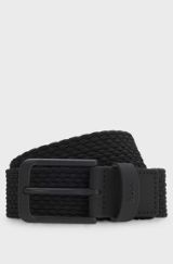 Leather-trimmed woven belt, Black