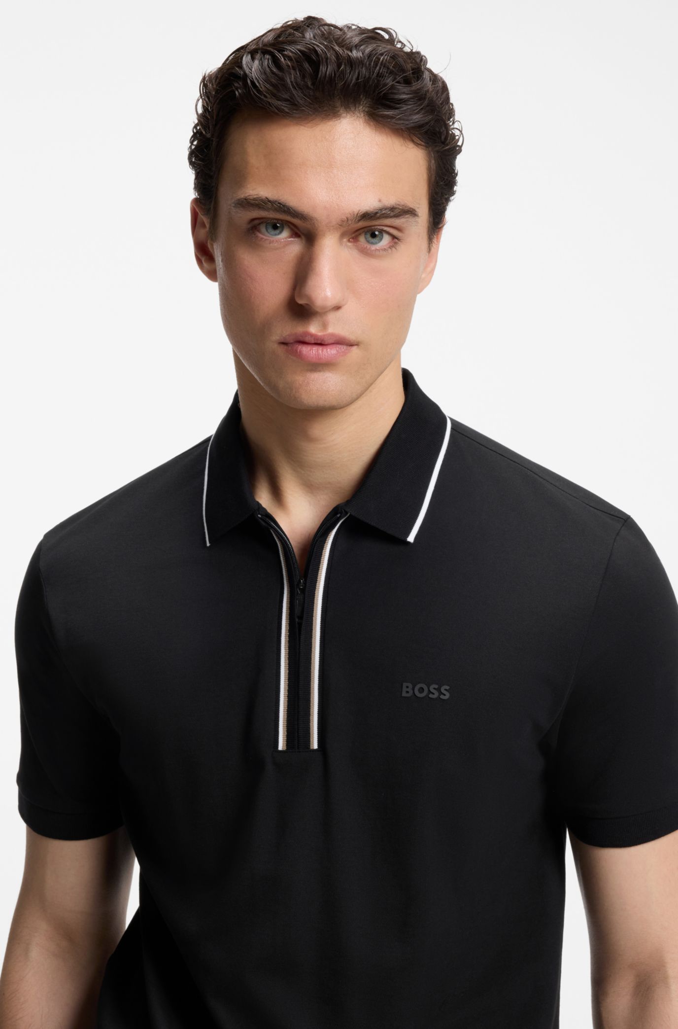 Active Slim-fit polo shirt in moisture-wicking stretch cotton, Black