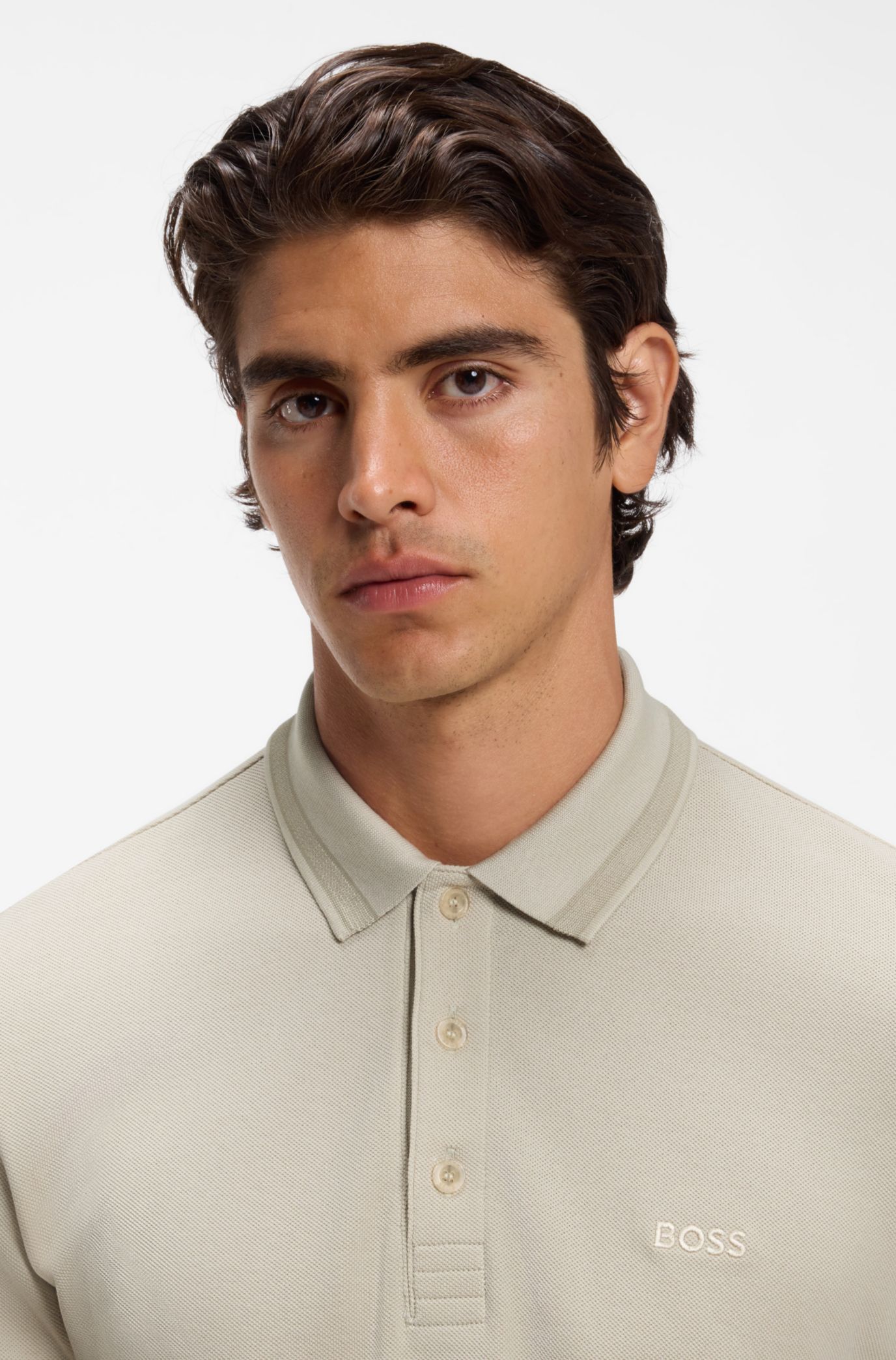 Long-sleeved cotton piqué polo shirt, Light Beige