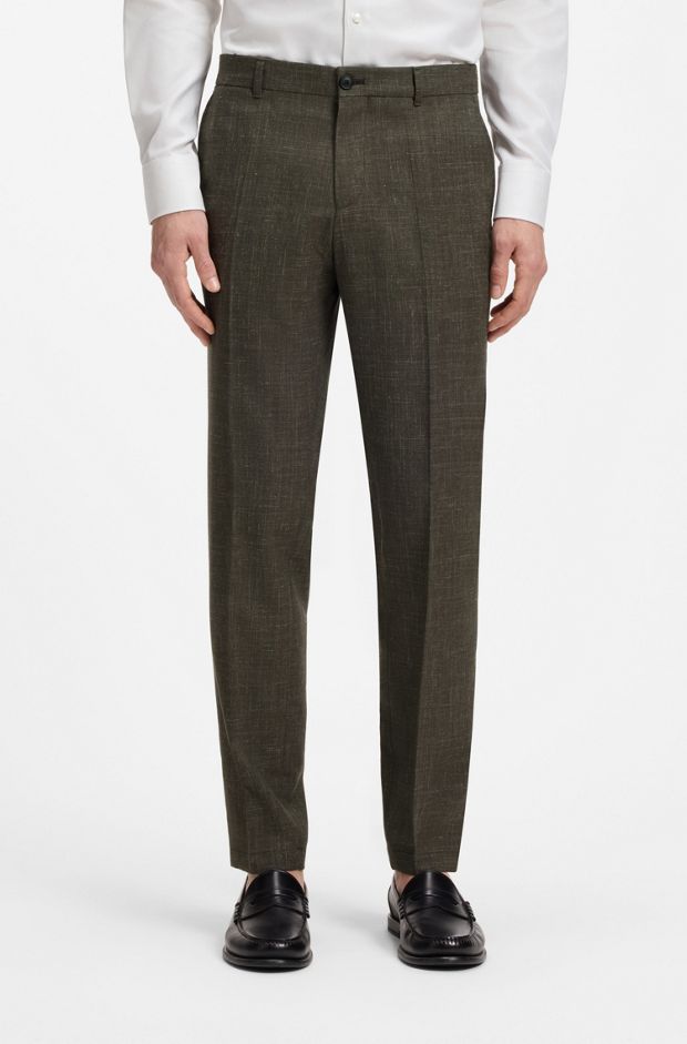 Slim-fit trousers in virgin wool and linen, Dark Green