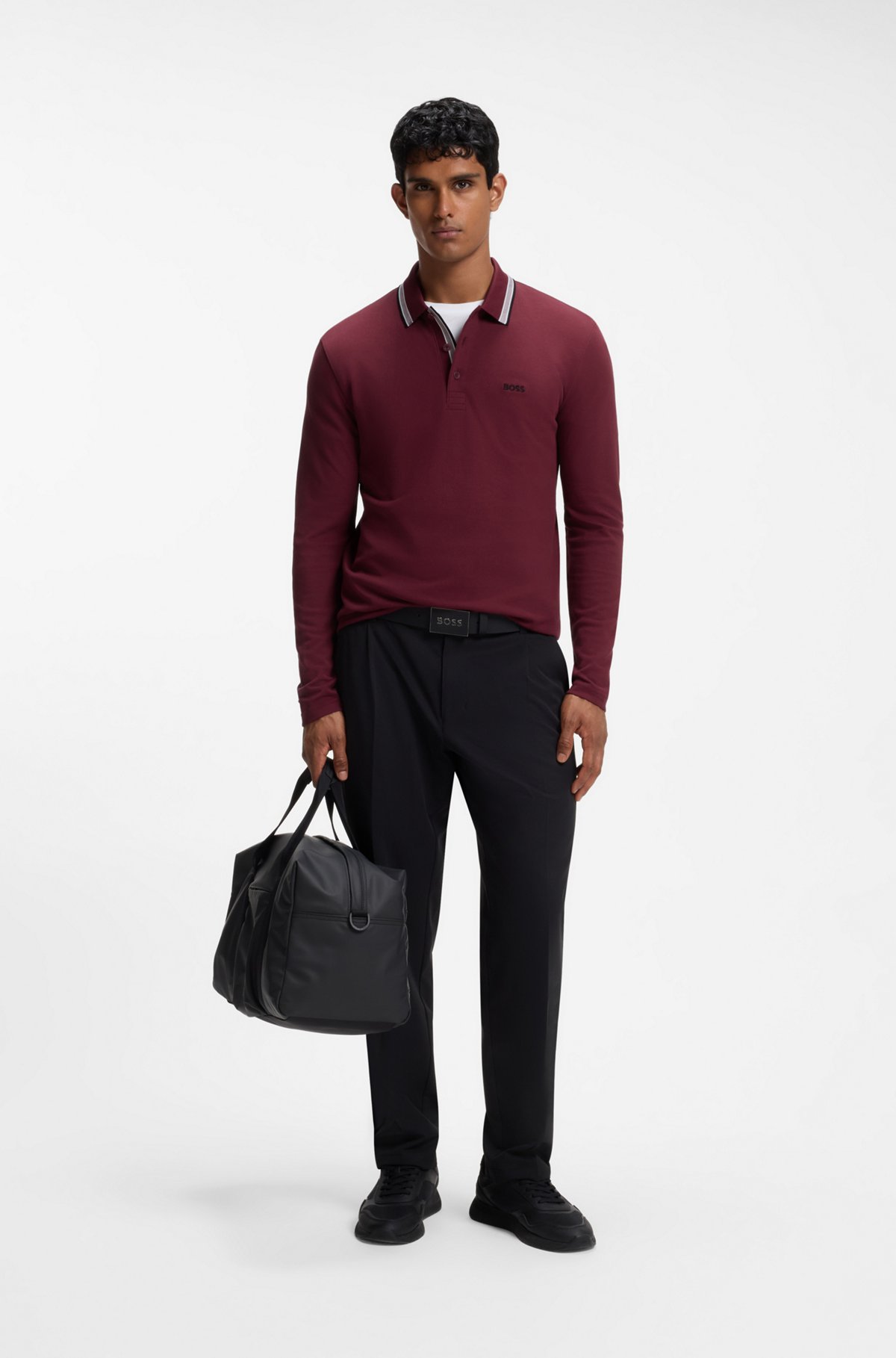 Long-sleeved cotton piqué polo shirt, Dark Red