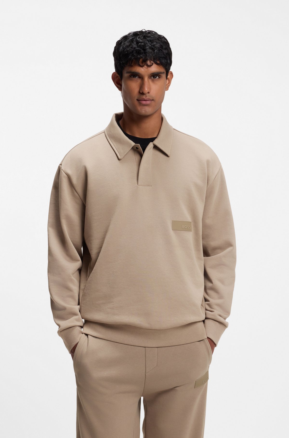 Relaxed-fit polo sweatshirt in French Terry, Light Brown