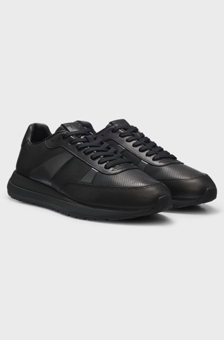 Porsche x BOSS leather trainers with perforated details, Black