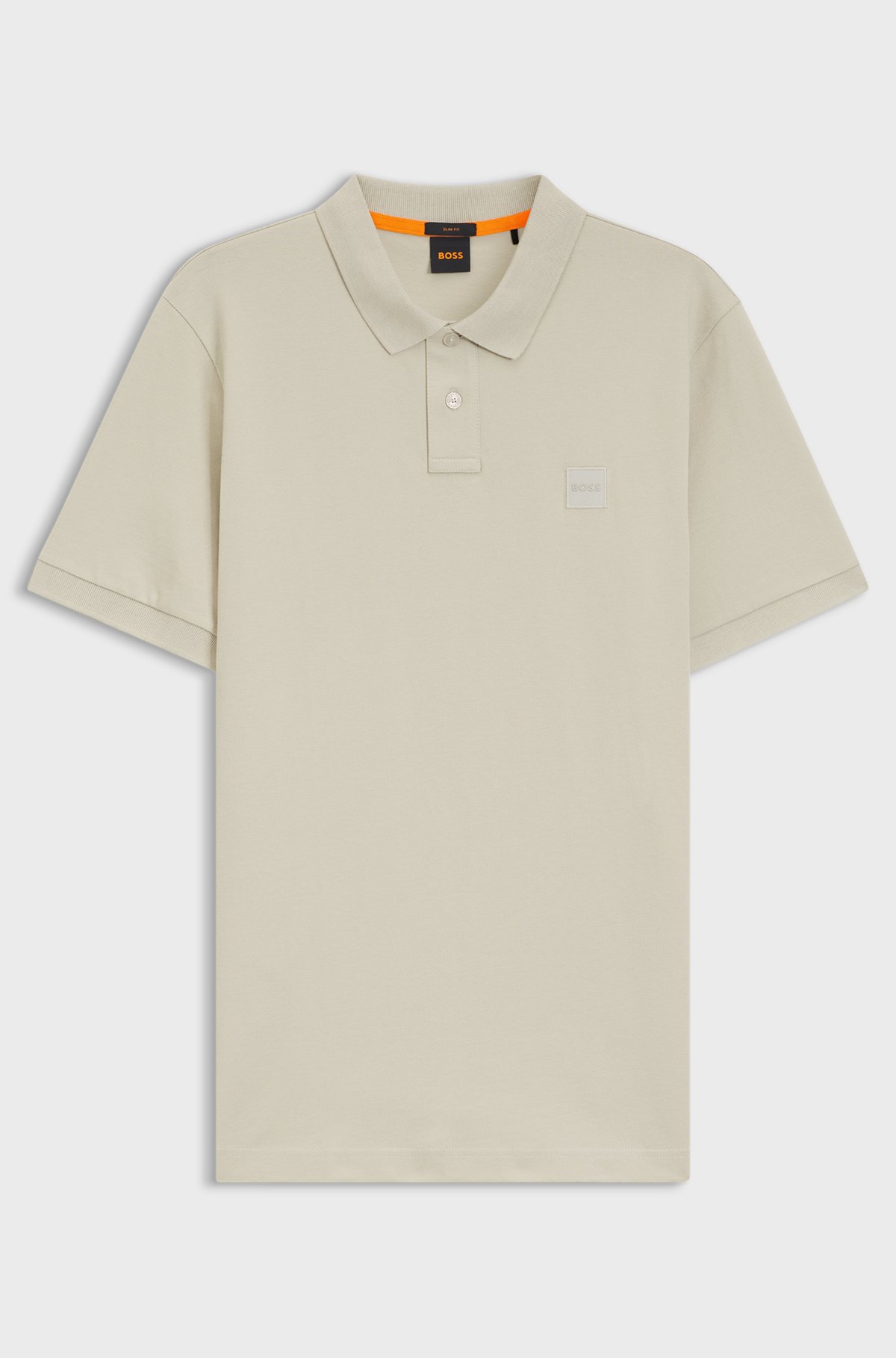 Stretch-cotton slim-fit polo shirt with logo patch, Light Beige