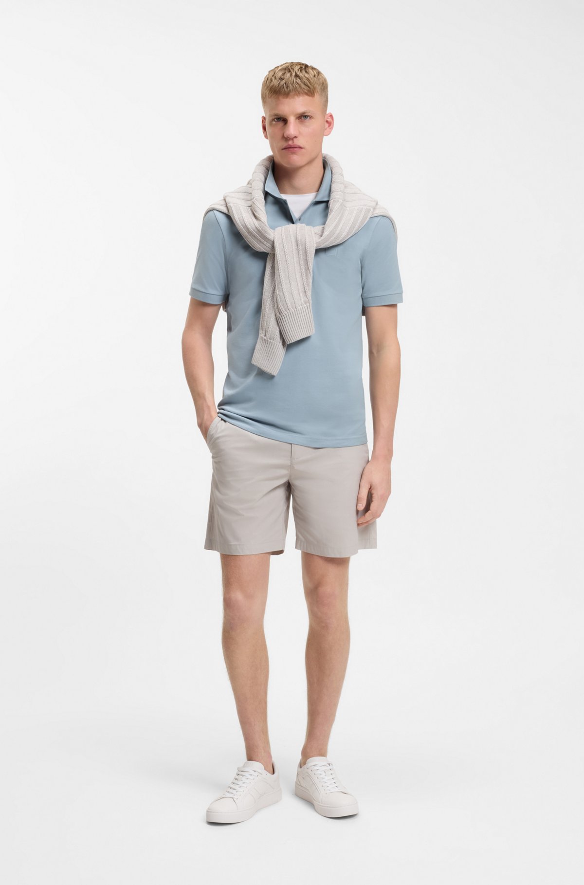 Stretch-cotton slim-fit polo shirt with logo patch, Light Blue