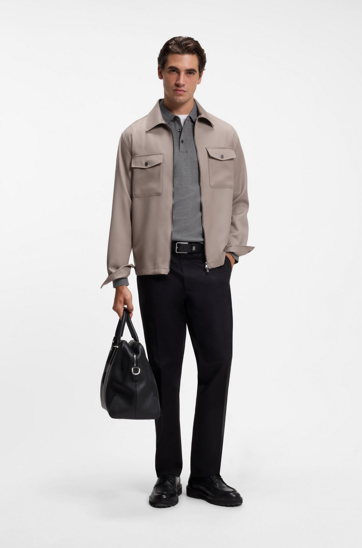 Long-sleeved polo shirt in interlock cotton with logo, Grey