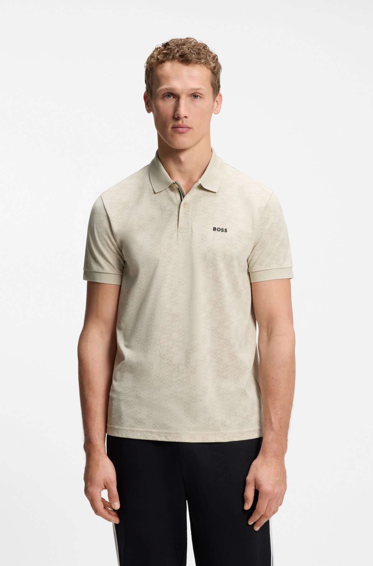 Cotton-piqué polo shirt with all-over print, Light Beige