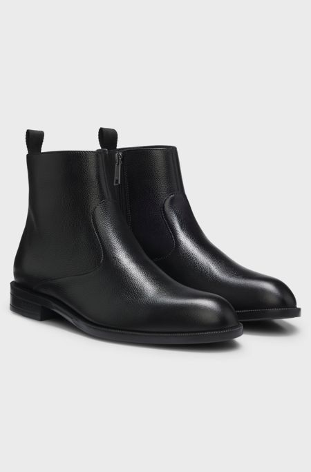 Grained-leather boots with side zip, Black