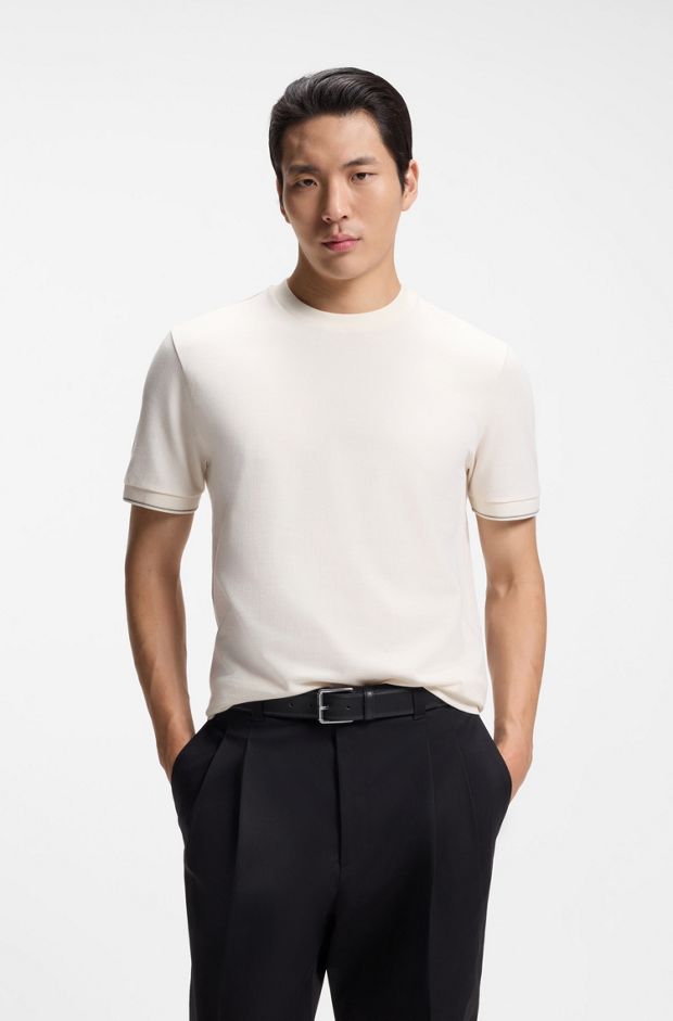 Structured-cotton T-shirt with cuff stripes, Natural
