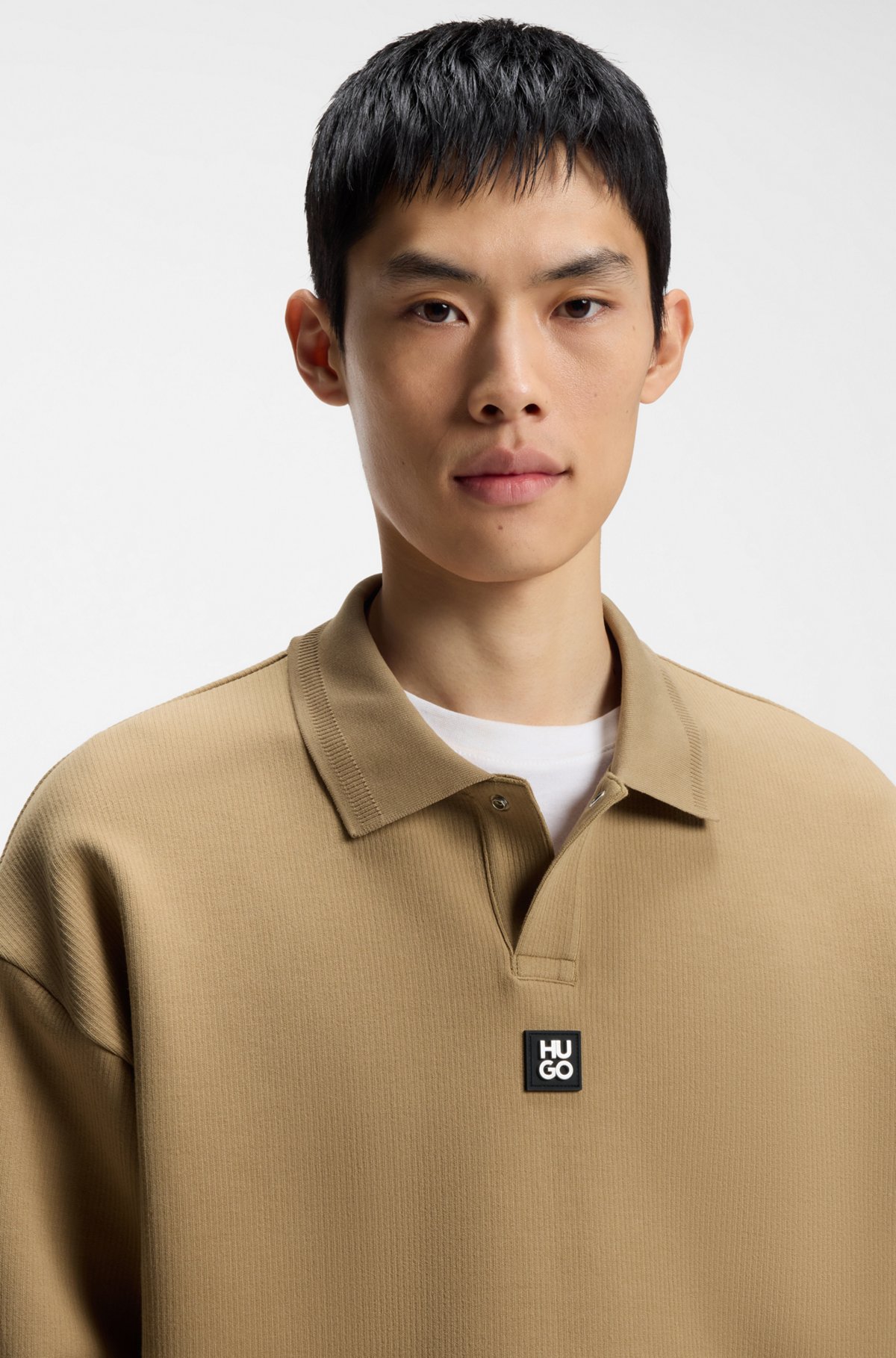 Structured cotton-blend sweatshirt with polo collar, Beige
