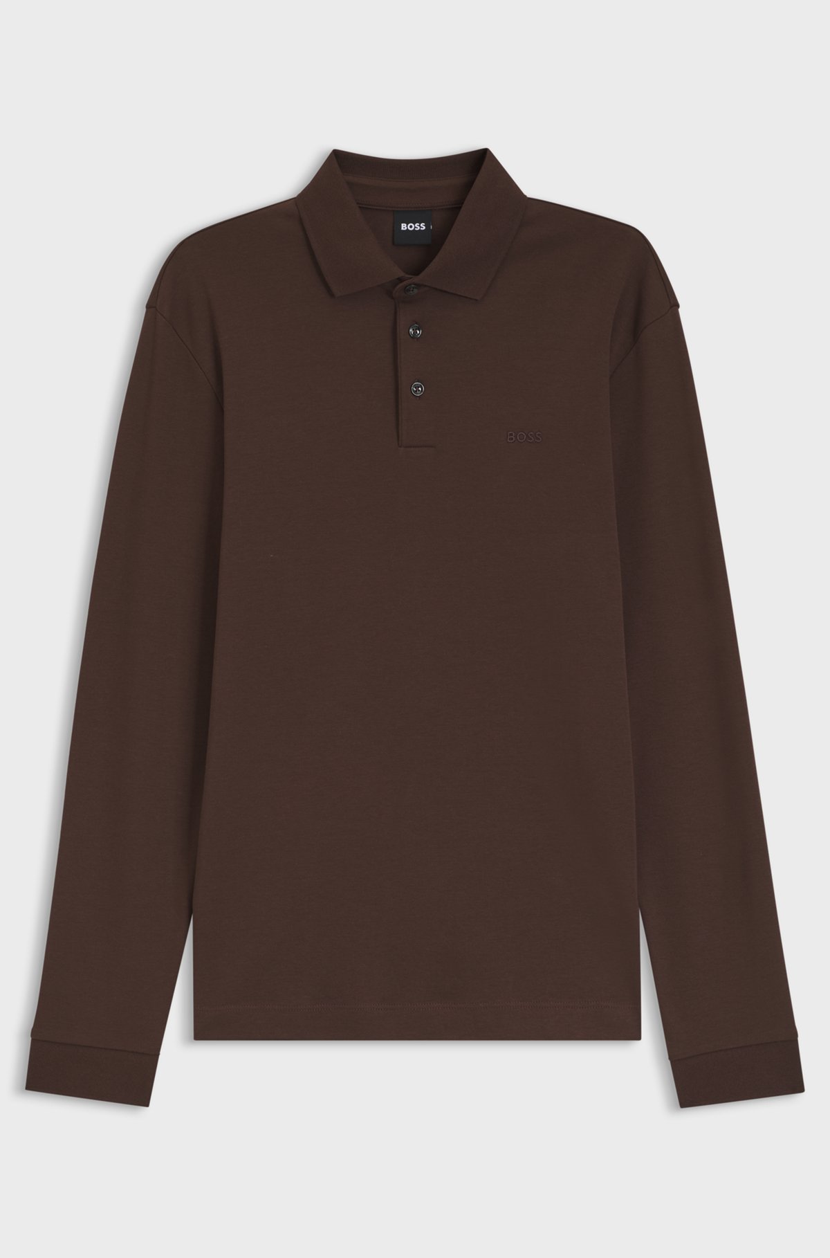 Long-sleeved polo shirt in interlock cotton with logo, Dark Brown