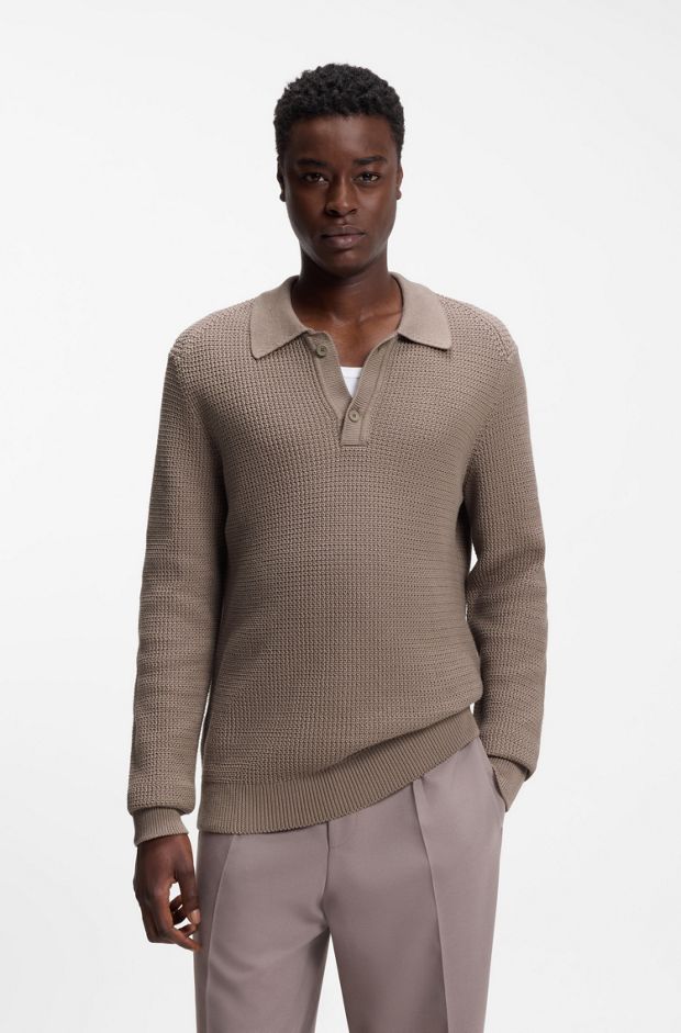 Relaxed-fit sweater in structured cotton with polo collar, Brown