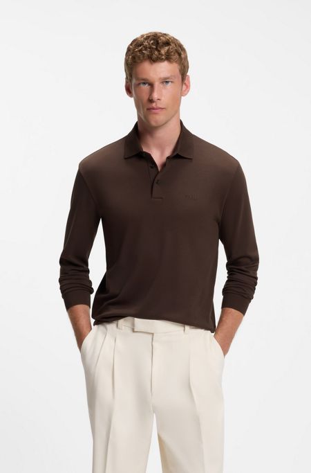 Long-sleeved polo shirt in interlock cotton with logo, Dark Brown