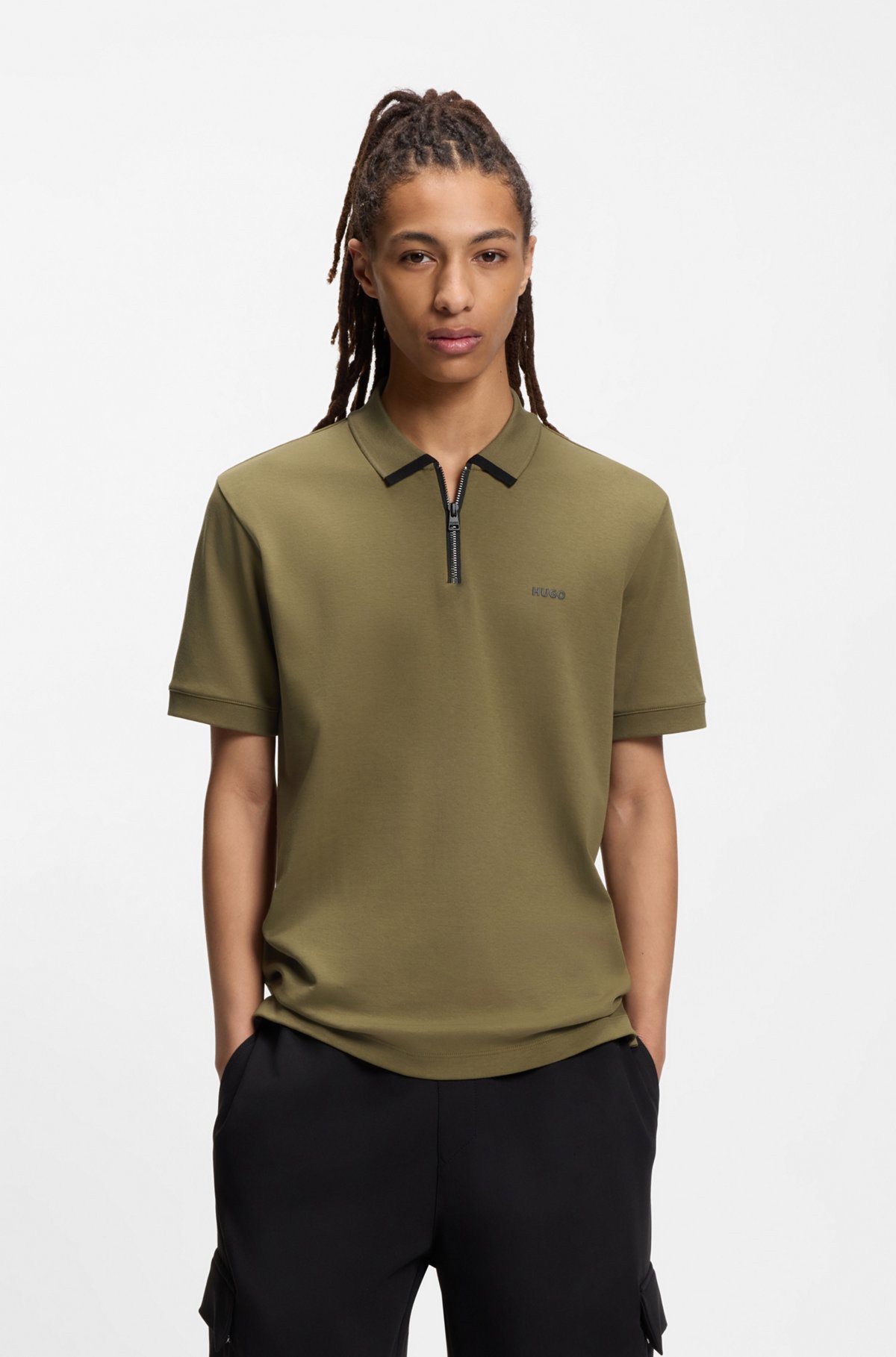 Cotton piqué polo shirt with zip neckline, Olive