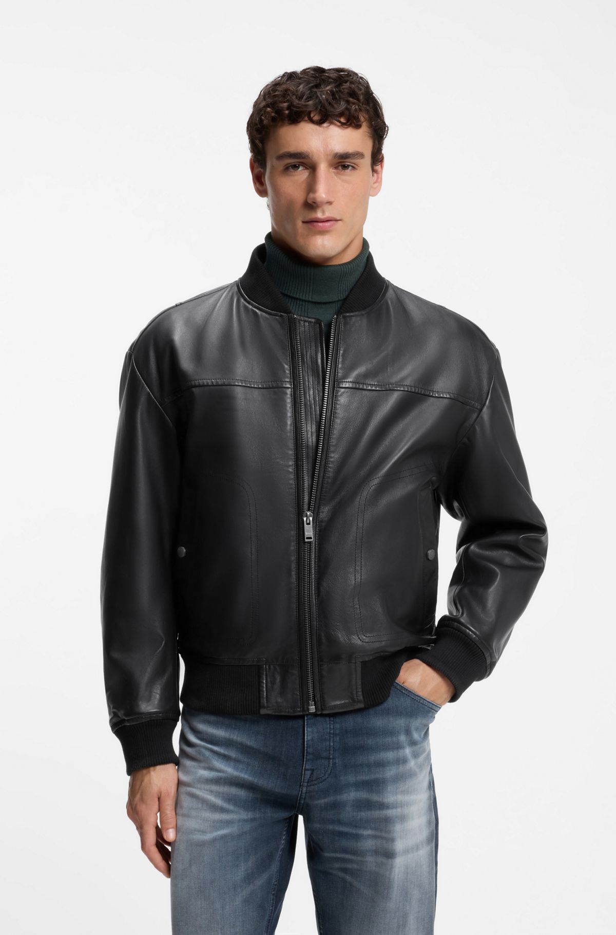 Regular-fit bomber jacket in nappa leather, Black