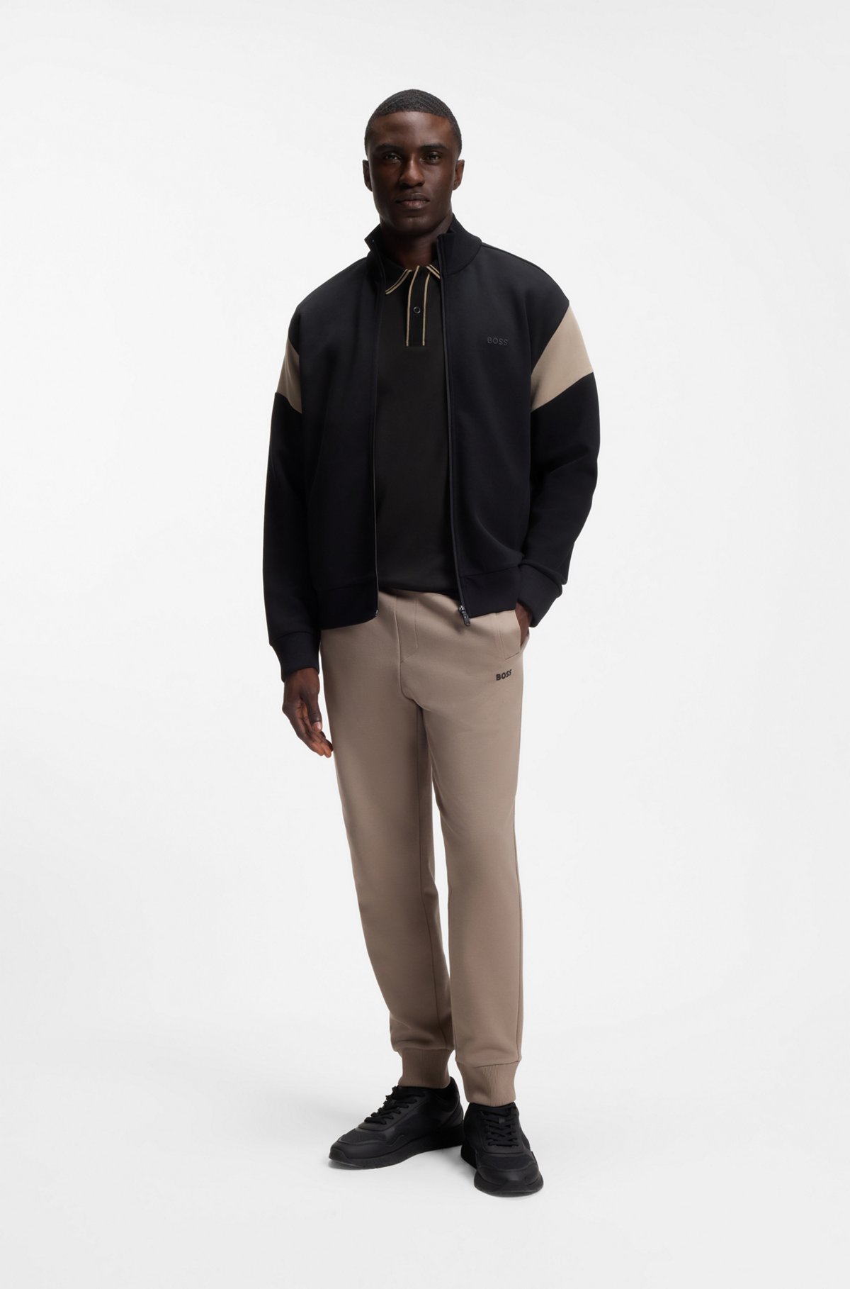 Striped-trim polo shirt in interlock cotton, Black