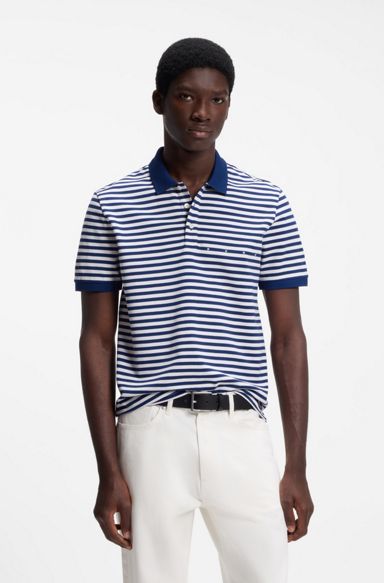 Cotton-piqué polo shirt with horizontal stripe, White / Blue